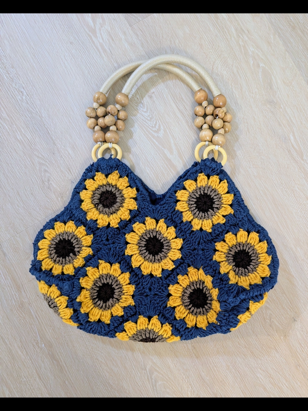 Cottagecore Sunflower Crochet Handbag Navy Blue Knit Tote Wood Handles